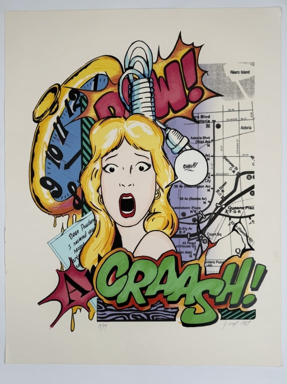 John 'Crash' Matos (b. 1961) Signed Serigraph: John 'Crash' Matos, American (b.1961) signed serigraph "Dear Prudence". Signed, dated 1989 and embossed lower right, numbered 17/99 lower left. Some wear and minor blemishes around the edges of the