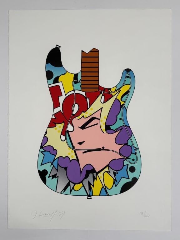 John 'Crash' Matos (b. 1961) Signed Lithograph: John 'Crash' Matos, American (b.1961) signed lithograph "Face Guitar". Signed and dated '09 lower left and numbered 13/20 lower right. Minor wear along the left of the work and very minor blemishes