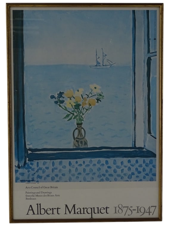 Vintage Albert Marquet Exhibition Framed Poster: Vintage framed poster for an exhibition displaying French painter Albert Marquet's work. Wear on frame, otherwise in good condition. Measures (sight) 23 1/4" x 16 1/4" Frame measures 24" x 17"