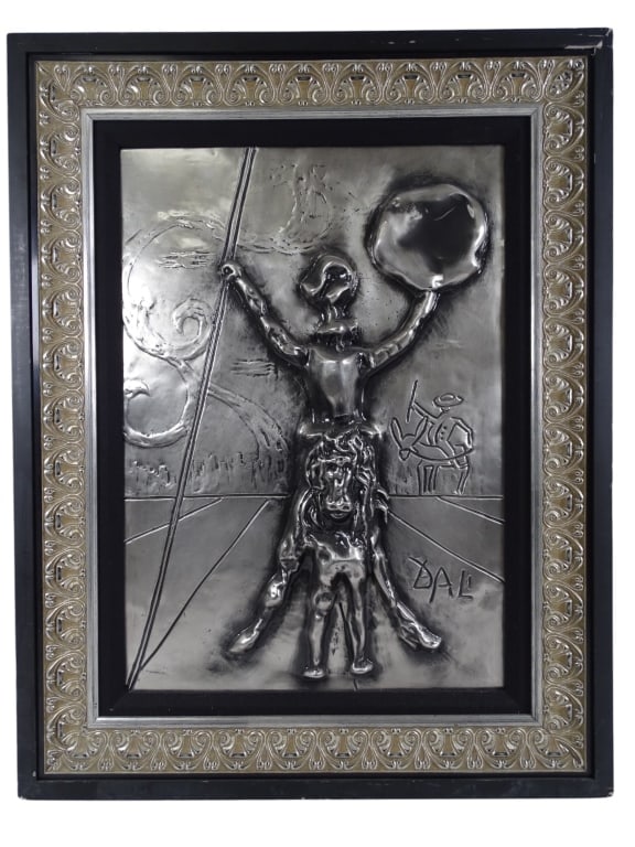 Salvador Dali Metal bas-relief "Don Quixote": Salvador Dali Metal bas-relief with platinum patina "Don Quixote". Signed in plate. Good condition. Measures 26-1/2" x 18-3/4" (sight), frame measures 35" x 27-1/2". KEYWORDS: Salvador Dali, Don Quixo