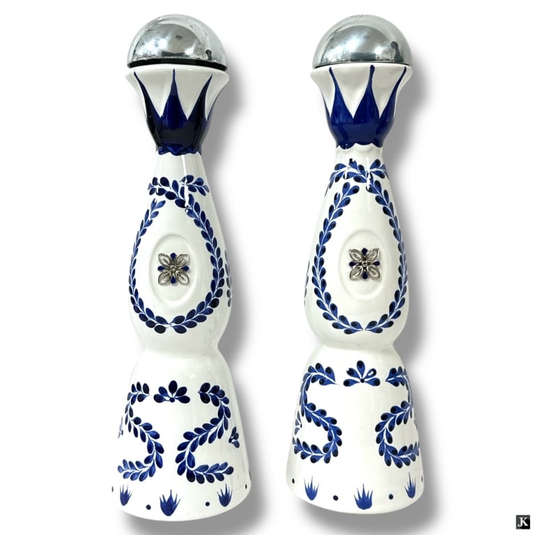 Pair Clase Azul Reposado Tequila 750ML Bottles: Pair Clase Azul Reposado Tequila 750ML Blue & White Porcelain Bottles (empty). Measures 15" H. Good condition. LA/B13/SH:20A