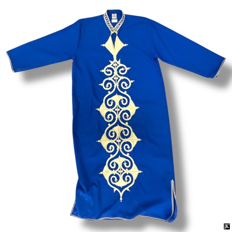 Vintage El Abadi Egyptian Cotton Blue Kaftan: Vintage El Abadi Egyptian Cotton Blue Kaftan. Labeled appropriately. Good vintage condition with light yellowing to the embroidery. Measures 55" L x 24-1/2" W. LA/B13/SH:10A