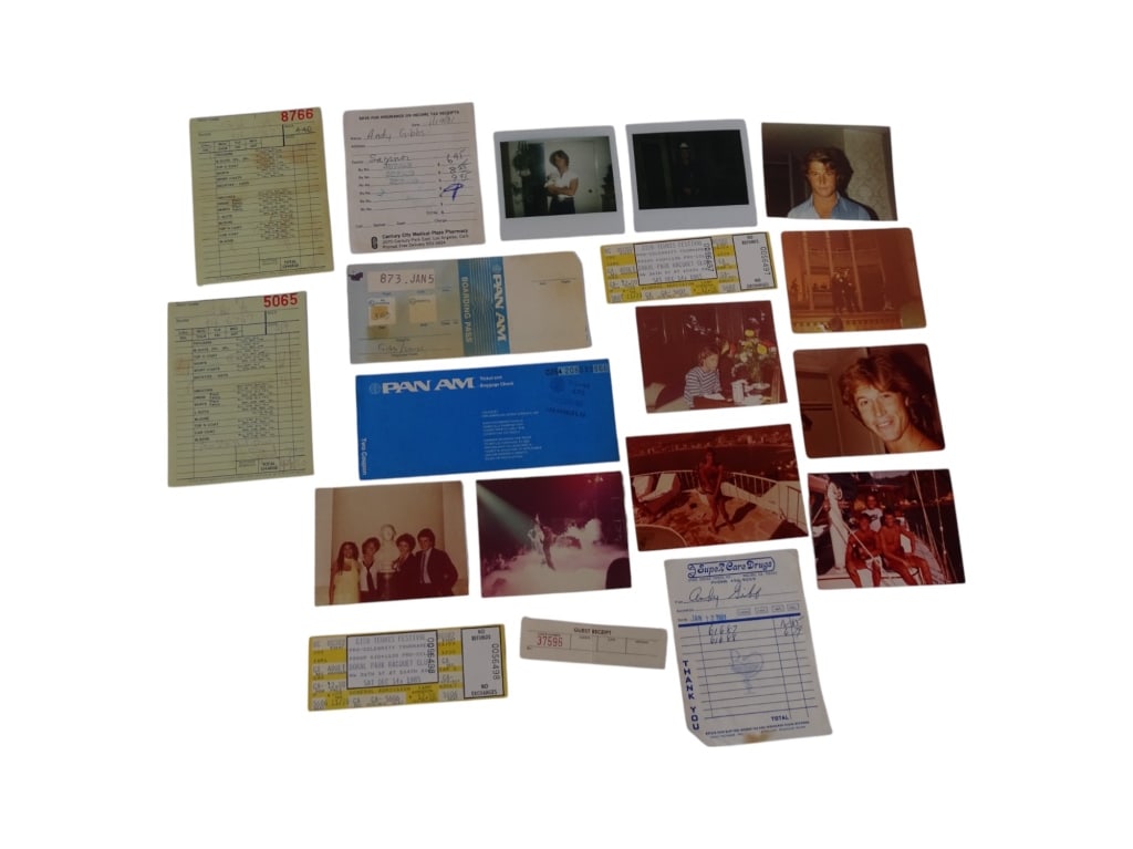 Collection of Andy Gibb Ephemera: Collection of Andy Gibb Ephemera. Includes: photos, receipts, tickets. 10A