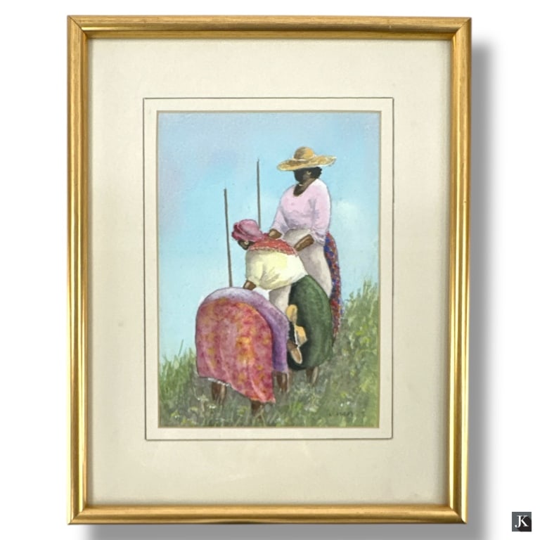 L. Ayres Vintage Haitian Watercolor "Harvesting": Vintage Haitian Watercolor "Harvesting". Signed L. Ayres lower right. Framed, matted and presented under glass screen. Measures 14-3/4" x 11-3/4" overall including frame. keywords:Fine art, painting,