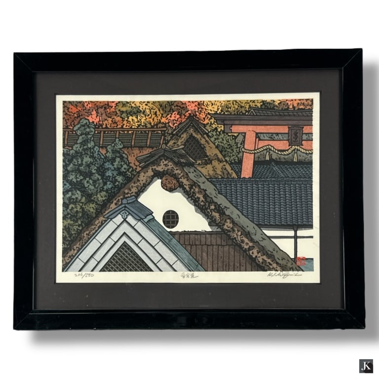 Katsuyuki Nishijima Woodblock - Atago-michi: Artist: Nishijima, Katsuyuki, Japanese, (b. 1945) Title: Atago-michi Date: undated Medium: woodblock Signed/numbered: in pencil, 206/500 Dimensions: image 10" x 15" , frame 16-1/4" x 20-1/2"