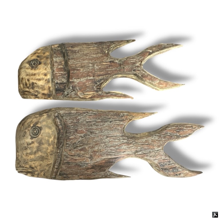 2 Carved Drift Wood Fish Mounts: .2 Carved Drift Wood Fish Mounts. Unsigned. Good condition. Measures 16" H x 41-1/2" L & 12-1/2" H x 37" L. . JD/B19