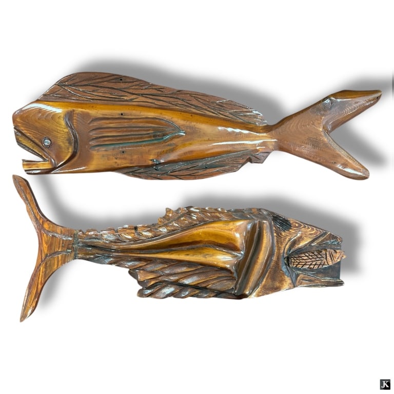 2 Carved Wood Fish Mounts: 2 Carved Wood Fish Mounts. One is signed Michael Eshack and dated 2015. Good condition. Measures 34-3/4" L x 16" H & 39" L x 12" H. JD/B19