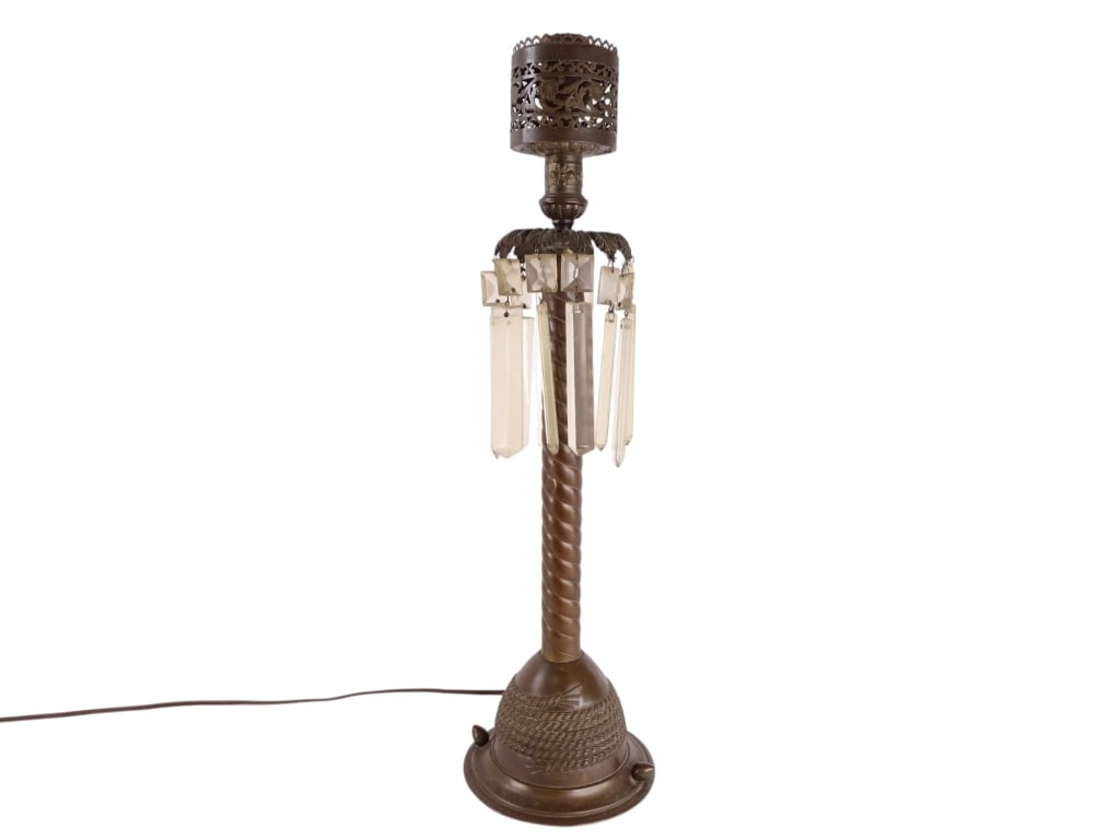Vintage Torchiere Style Glass Crystal Table Lamp: Beautiful Torchiere style table lamp, ornate and texture detailing throughout. Features hanging glass crystals that jingle when swayed back and forth. Lamp shows signs of use and age, missing hanging