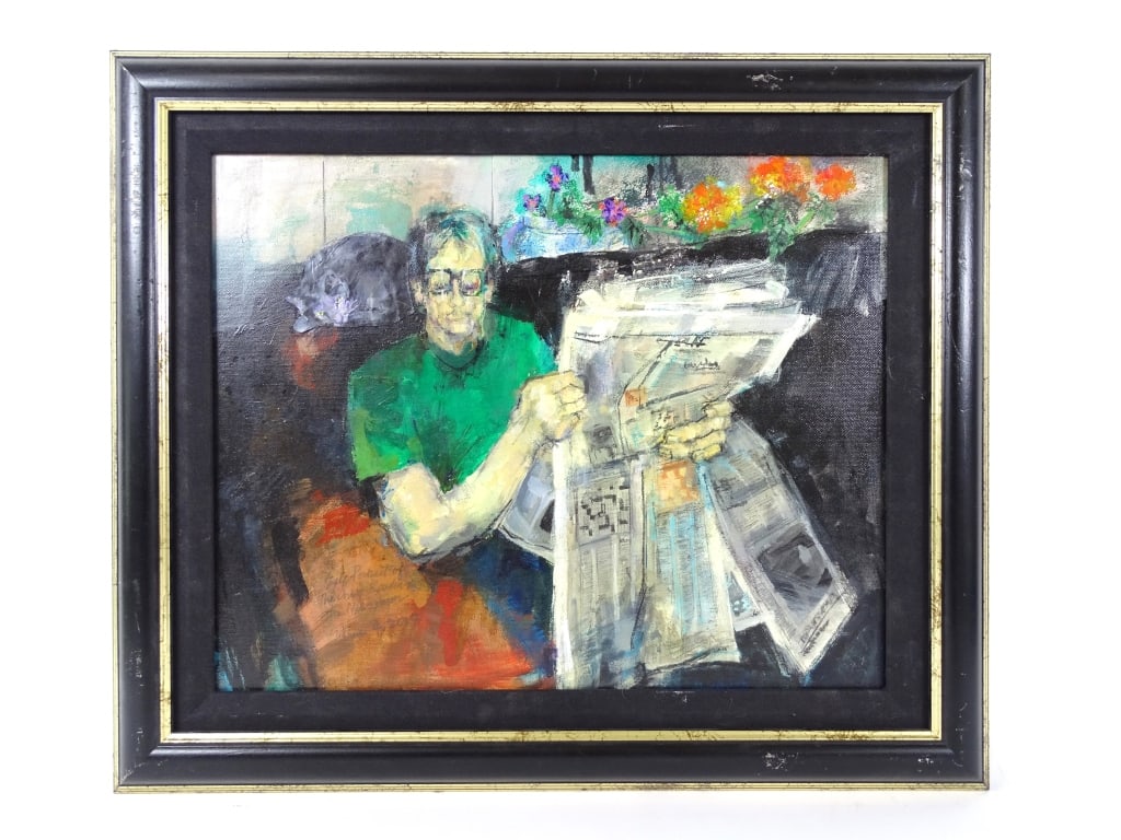 Contemporary Oil on Canvas "Self Portrait": Contemporary Oil on Canvas "Self Portrait of the Artist Reading the Newspaper "Titled and signed verso with artist’s name, possibly "Gibberns", and dated 2017. Framed in a black wood frame.Canvas