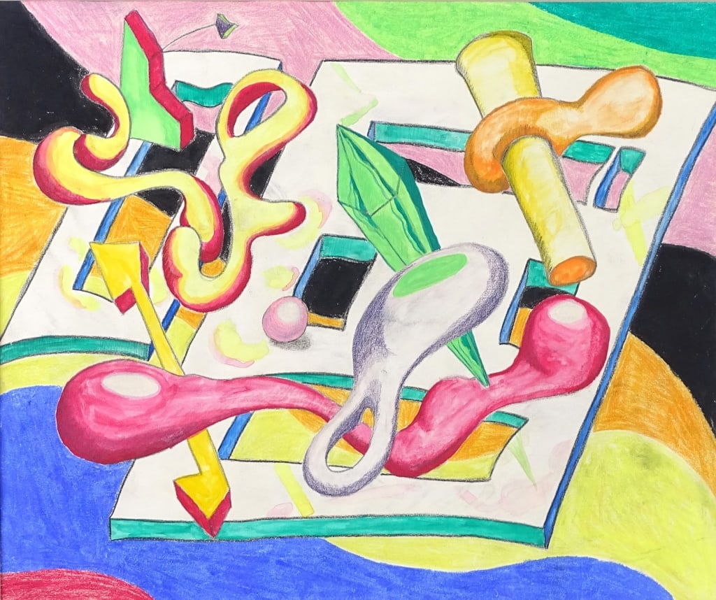 Possibly Albert Voison/Vanber Mixed Media: Possibly Albert Voison/Vanber Mixed Media – "Abstract"Colored pencil and gouache on paper. Unsigned Framed and matted under a glass screen.Some light soiling from handling and storage. Measures