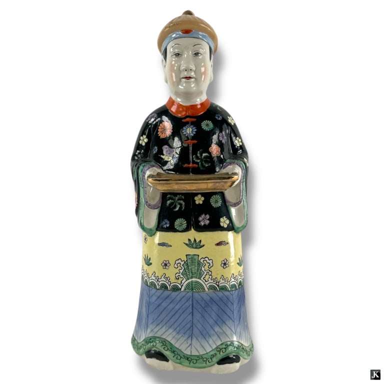 Antique Chinese Porcelain Figure "Man with Tray": Antique Chinese Porcelain Figure "Man with Tray"Antique Chinese glazed porcelain figure depicting a standing man holding a tray. Stamped with a Guangxu mark on the base. Exhibits wear and rubbing