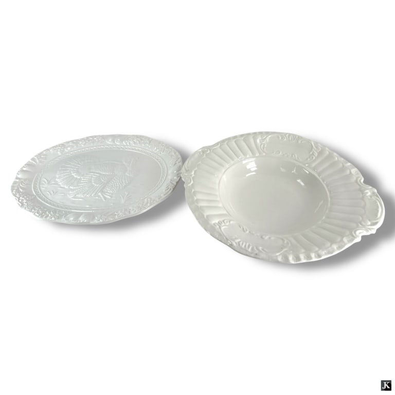 2 Large White Ceramic Serving Dishes: 2 Large White Ceramic Serving DishesIncludes a deep, wide-rimmed bowl (3" H x 18" W) and a large turkey platter (19" L x 14-1/2" D). Both pieces are in clean condition with no visible cracks or