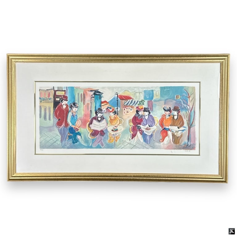 Zule Moskowitz (ISRAEL 20th C) "Four Couples" Lith: Zule Moskowitz (ARGENTENIAN / ISRAEL, 20th Century) limited edition lithograph depicting figures in a street cafe scene titled "Four Couples". Hand pencil signed to lower right and numbered 82/330 to