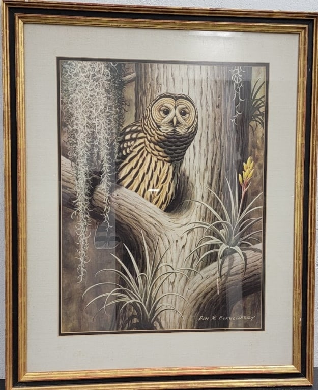 Don R Eckelberry (1921-2001) Color Print: Don R Eckelberry, American (1921-2001) color print print "Owl Perched on Tree". Art Measures 19.55 wide x 25.5 high . Framed Art measures 29.5 wide x 36.5 high Framed. B17