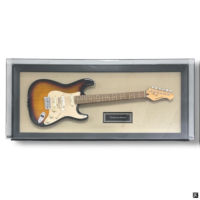 Mick Jagger Signed Galveston Electric Guitar: Mick Jagger — Signed Galveston Electric Guitar (Shadowbox Framed)Galveston electric guitar signed by Mick Jagger, presented in a shadowbox frame. Very good condition; frame measures 21 3/4 x 48 3/4