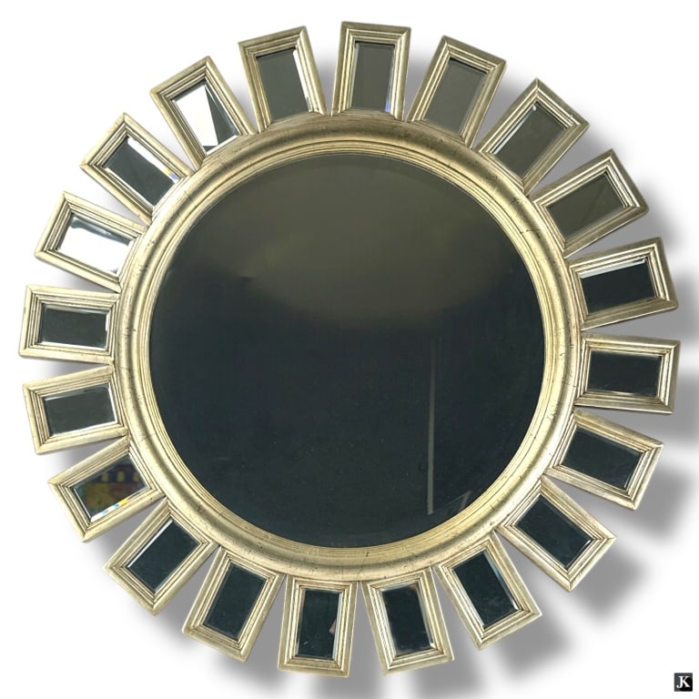 Z Gallerie Decorative Sunburst Mirror: Z Gallerie Decorative Sunburst Mirror. Silvered wood. Label Verso. Good condition. Measures 33-3/4" diameter.. LA/B13/RR