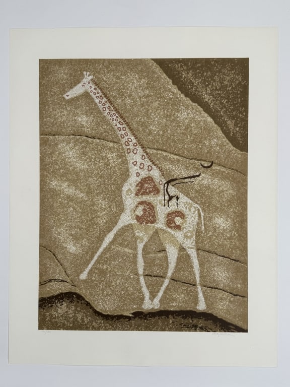Douglas Mazonowicz (1921-2000) Signed Serigraph: Douglas Mazonowicz, English (1921-2000) signed serigraph "The Hand of Man 6" depicting a Tassili n'Ajjer giraffe rock painting. Signed lower right and numbered 101/300 lower left. Very minor wear on c