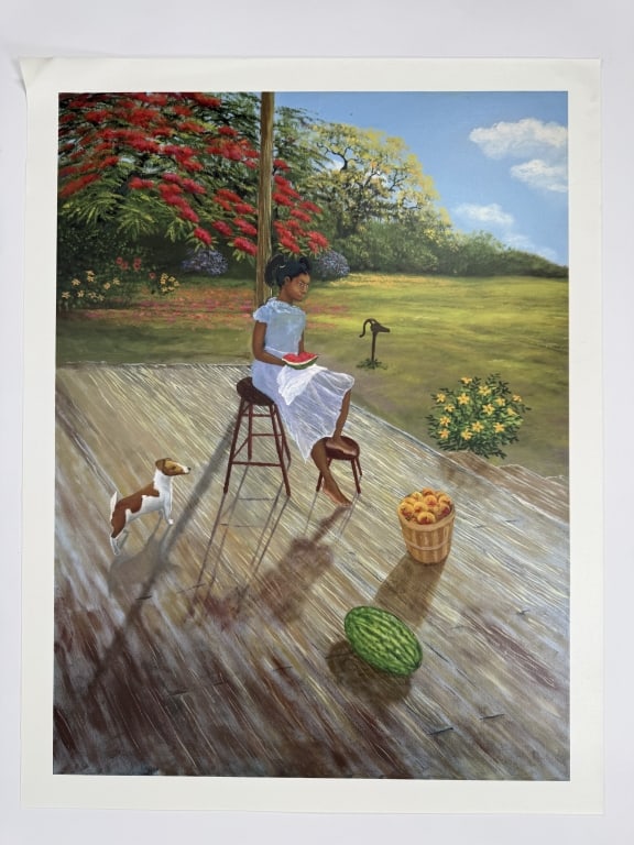 Artist Unknown Southern Folk Art Giclee Print: Artist Unknown southern folk art giclee print of a young girl eating watermelon. Unsigned. Some creasing present along the edges of the work, otherwise in good condition, Measures 34 3/4" x 26 3/4"