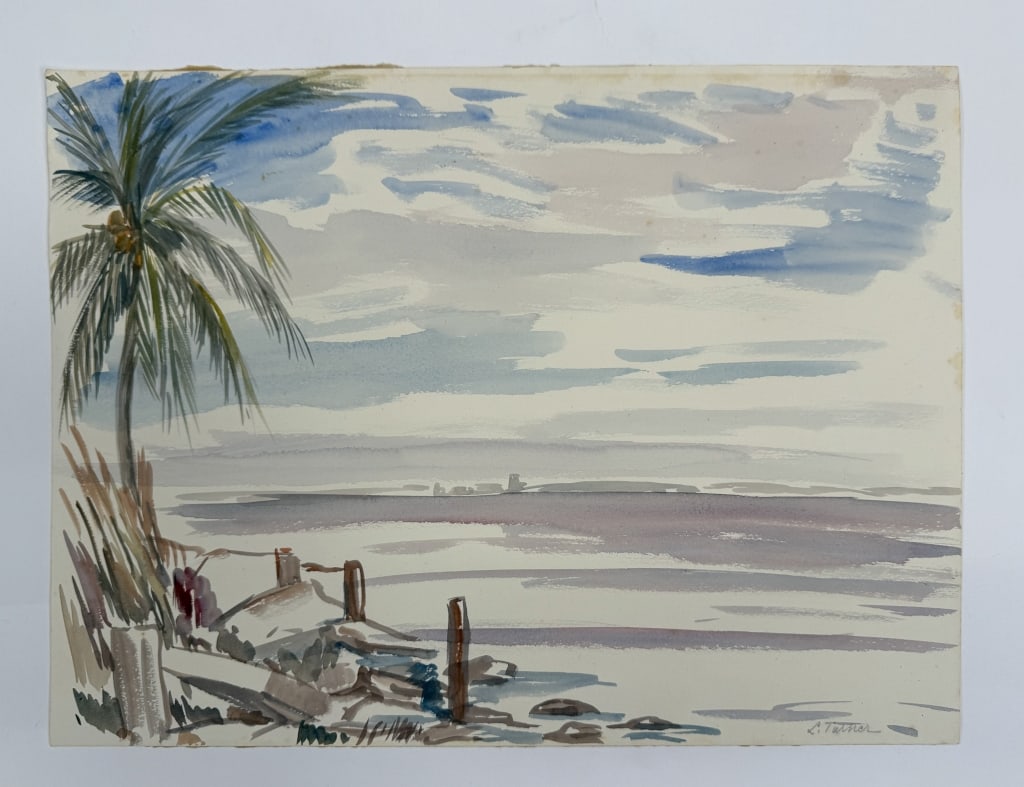 L. Turner (20th C.) Watercolor/Paper: L. Turner (20th C.) watercolor on paper "Ocean View". Signed lower right. Some minor blemishes along the right side of the work, otherwise in good condition. Measures 15" x 20"