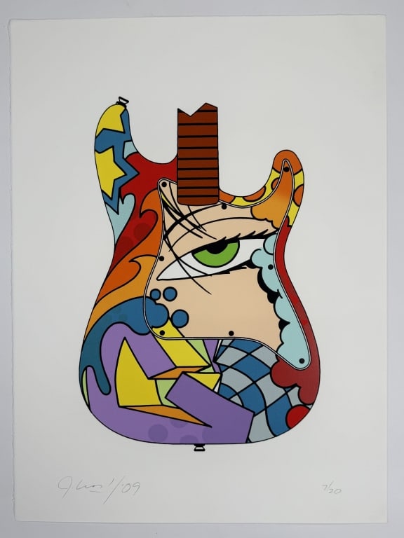 John 'Crash' Matos (b. 1961) Signed Lithograph: John 'Crash' Matos, American (b.1961) signed lithograph "Green Eye Guitar". Signed and dated '09 lower left, numbered 7/20 lower right. Minor wear along the left side of the work, otherwise in good co