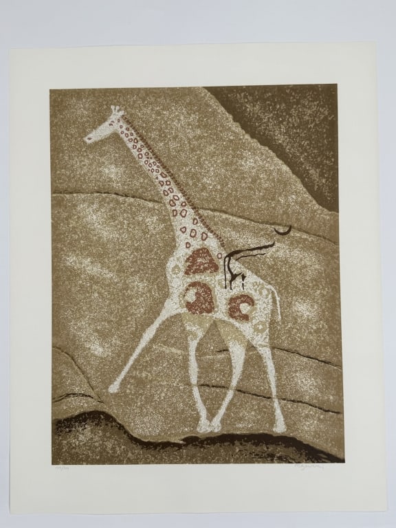 Douglas Mazonowicz (1921-2000) Signed Serigraph: Douglas Mazonowicz, English (1921-2000) signed serigraph "The Hand of Man 6" depicting a Tassili n'Ajjer giraffe rock painting. Signed lower right and numbered 102/300 lower left. Very minor wear on c