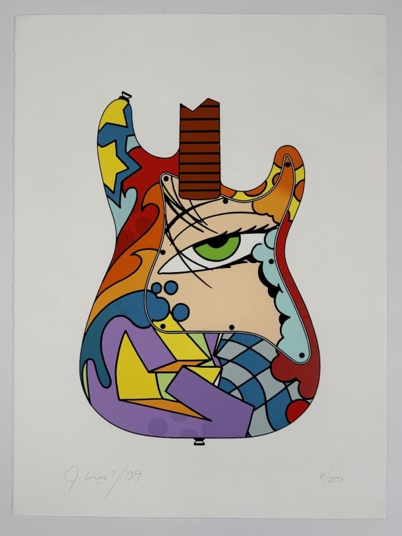 John 'Crash' Matos (b. 1961) Signed Lithograph: John 'Crash' Matos, American (b.1961) signed lithograph "Green Eye Guitar". Signed and dated '09 lower left, numbered 8/20 lower right. Minor wear along the left side of the work, otherwise in good