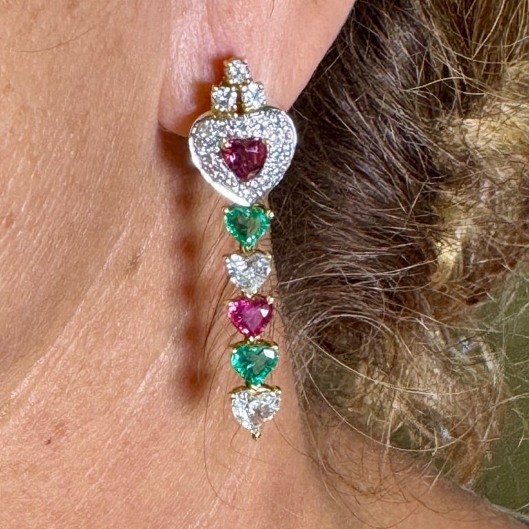 French 18K Yellow Gold Ruby, Emerald, and Diamond: Item # 13185 Category Earrings French 18K Yellow Gold Ruby, Emerald, and Diamond Earrings Weighing 15.4 grams Set with 4 Rubies weighing app. 2.50 Ct. 4 Emeralds weighing app. 2.00 Ct. 4 Heart-shaped