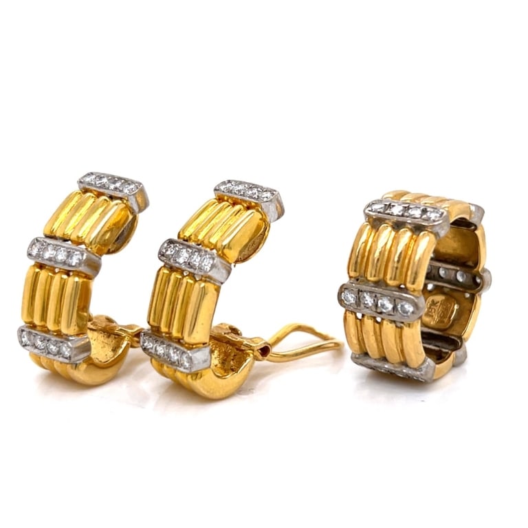 TRIO 18K Yellow Gold Earrings & Ring Set: Item # 13163 Categories Earrings, Rings, Sets TRIO 18K Yellow Gold Earrings & Ring Set Weighing 22.0 grams Set with 48 Diamonds weighing app. 1.50 Ct. F-G Color, VVS-VS Clarity Ring Size 5 Earring len