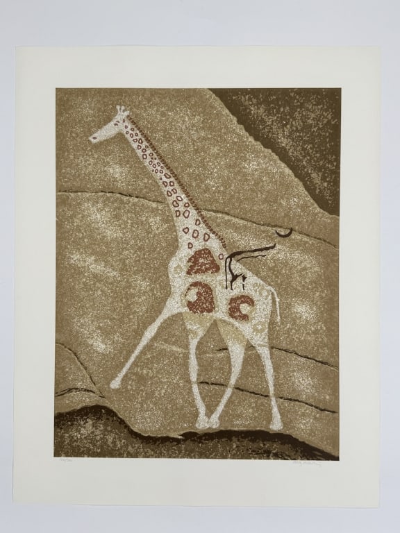 Douglas Mazonowicz (1921-2000) Signed Serigraph: Douglas Mazonowicz, English (1921-2000) signed serigraph "The Hand of Man 6" depicting a Tassili n'Ajjer giraffe rock painting. Signed lower right and numbered 104/300 lower left. Very minor wear on c