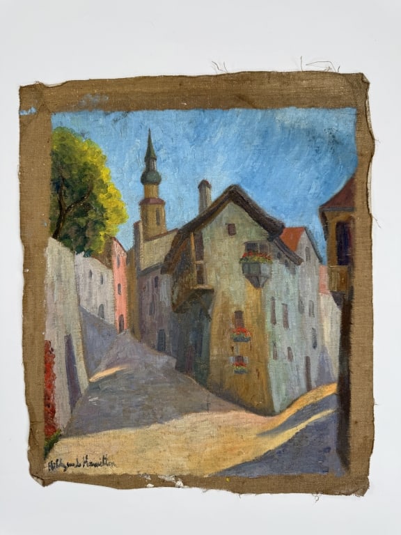 Hildegarde Hamilton (1898–1970) Oil/Canvas: Hildegarde Hume Hamilton, American (1898–1970) oil on canvas "Street Scene". Signed lower left. Writing verso. Wear along the edges of the canvas, some paint loss and craquelure present, otherwi