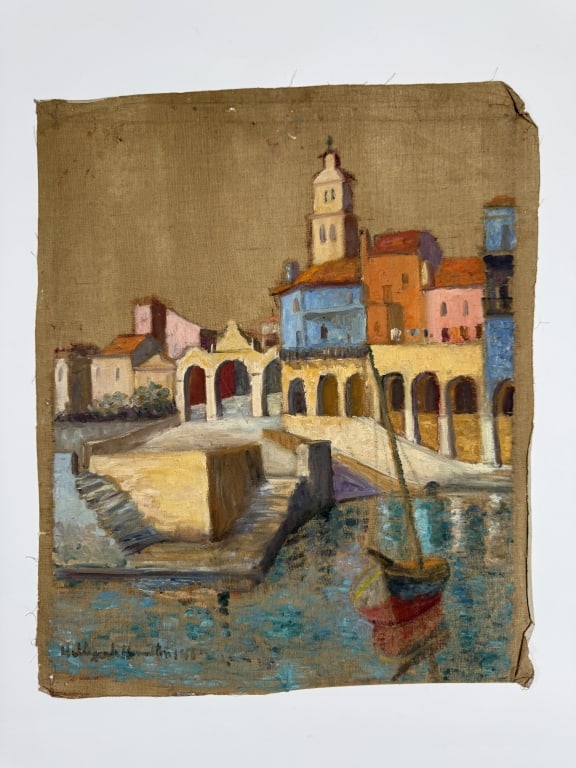Hildegarde Hamilton (1898–1970) Oil/Canvas: Hildegarde Hume Hamilton, American (1898–1970) oil on canvas "View From The Harbor". Unfinished work, sky was not painted. Signed lower left. Wear around the edges of the canvas, minor paint los