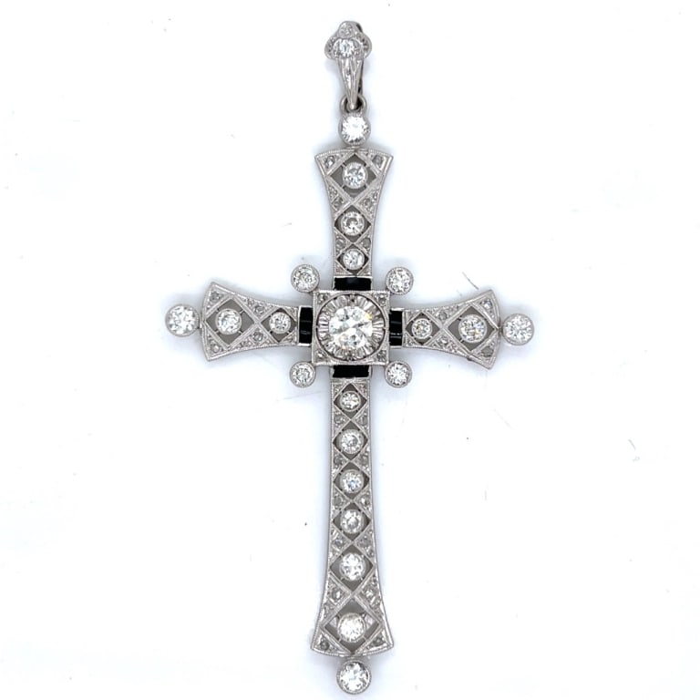 Art Deco Platinum 3.50 Ct. Diamond Cross Pendant: Item # 13148 Category Pendants Art Deco Platinum 3.50 Ct. Diamond Cross Pendant Weighing 11.1 grams Set with an app. 0.70 Ct. Diamond in center G-H Color, VVS Clarity Along with 22 Old Mine Diamonds w