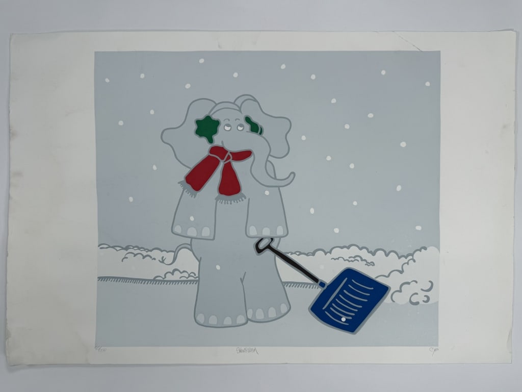 Artist Unknown Signed Serigraph: Artist Unknown signed serigraph "Snowstorm". Signed 'Moss' lower right, titled lower center and numbered 85/150 lower left. Blemishes throughout the paper and some wear along the edges of the work,