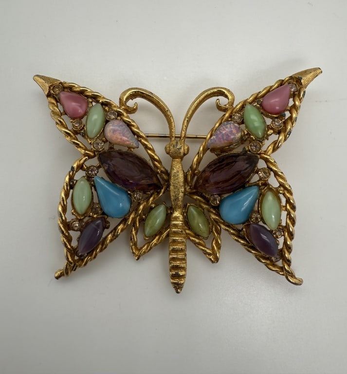 Vintage Capri Gold Toned Gemstone Butterfly Brooch (1 of 5)