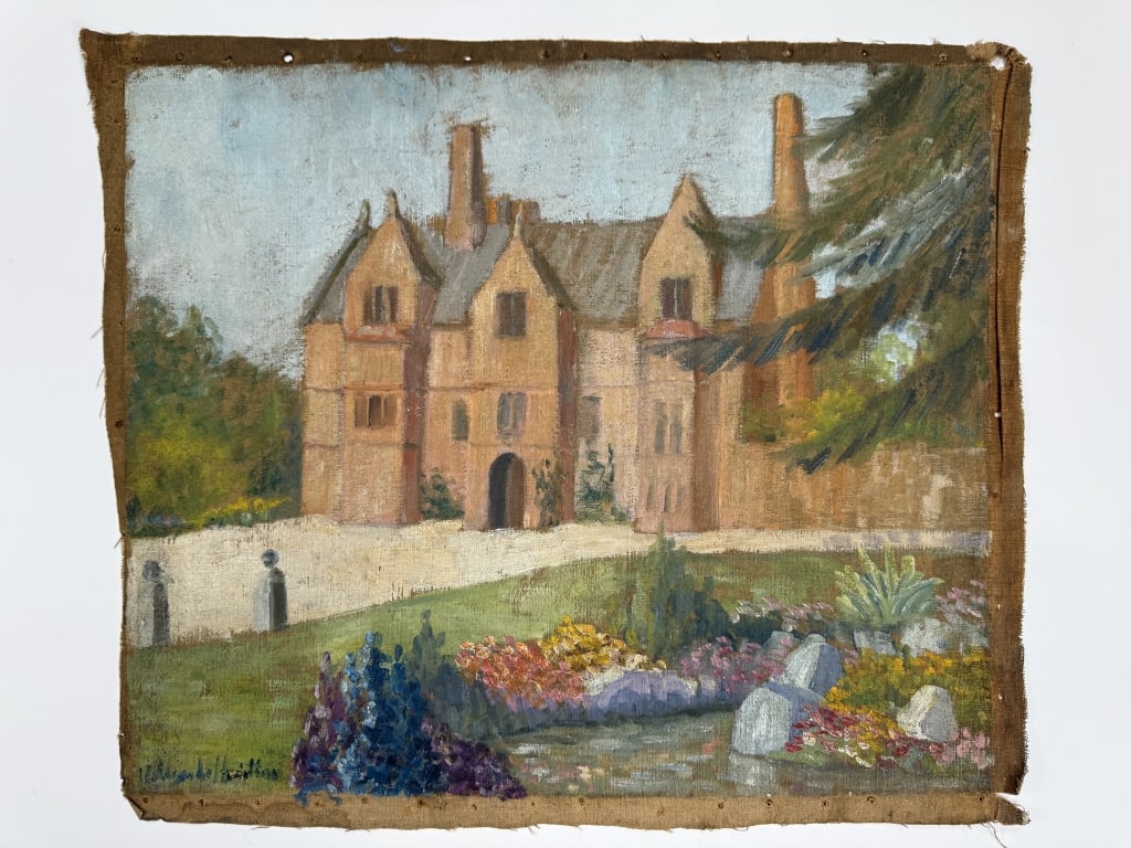 Hildegarde Hamilton (1898–1970) Oil/Canvas: Hildegarde Hume Hamilton, American (1898–1970) oil on canvas "View of a Building". Signed lower left. Wear along the edges of the canvas, some paint loss and craquelure present, otherwise in good