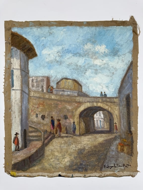 Hildegarde Hamilton (1898–1970) Oil/Canvas: Hildegarde Hume Hamilton, American (1898–1970) oil on canvas "City Street". Signed lower right. Wear along the edges of the canvas, some paint loss and craquelure present, otherwise in good cond