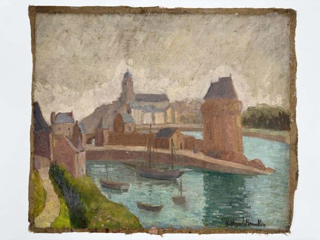 Hildegarde Hamilton (1898–1970) Oil/Canvas: Hildegarde Hume Hamilton, American (1898–1970) oil on canvas "View of the Harbor". Signed lower right. Wear along the edges of the canvas, some paint loss and craquelure present, otherwise in good