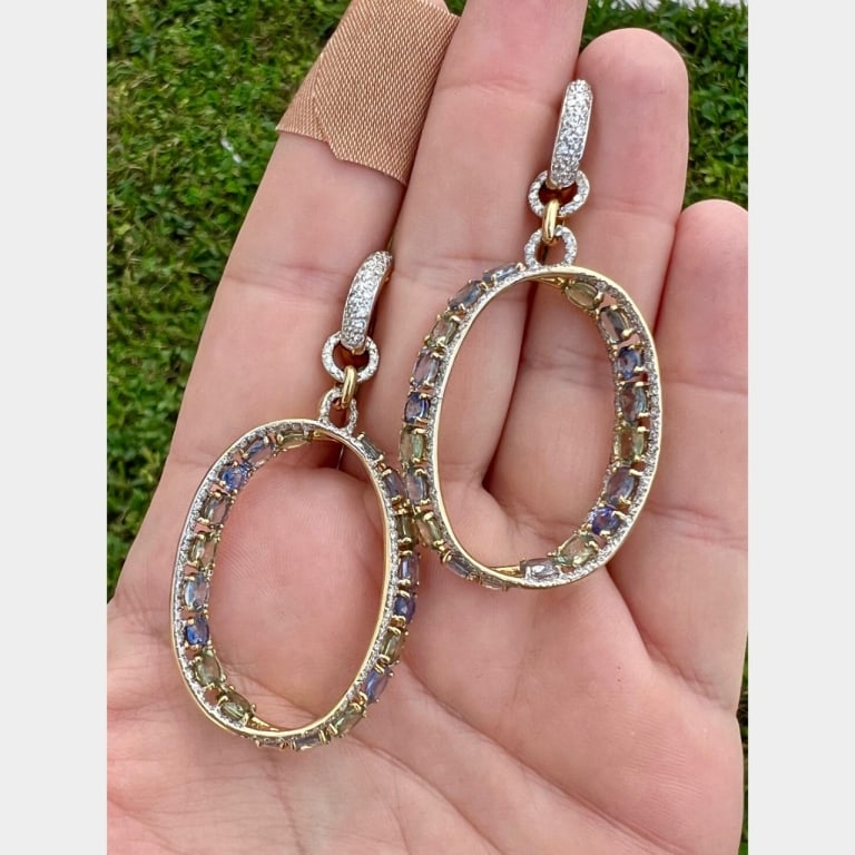 18K Yellow Gold Sapphire & Diamond Earrings: Item # 13077 Category Earrings 18K Yellow Gold Sapphire & Diamond Earrings Weighing 21.4 grams Set with 38 Sapphires weighing app. 12.50 Ct. Along with 208 Diamonds weighing app. 4.00 Ct. I-K Color, V