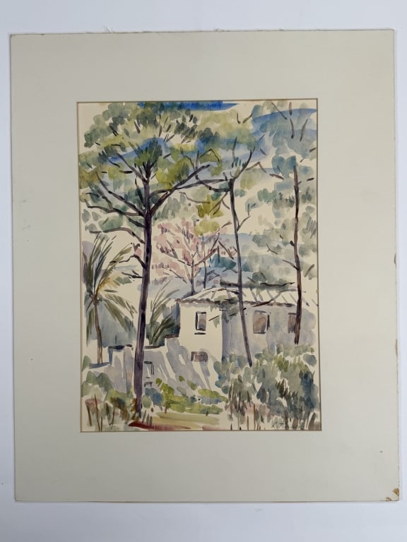 L. Turner (20th C.) Watercolor/Paper: L. Turner (20th C.) watercolor on paper "House in the Trees". Signed lower right. Matted and backed by board. Some wear and toning on the board, otherwise in good condition. Board measures 20 3/4" x 1
