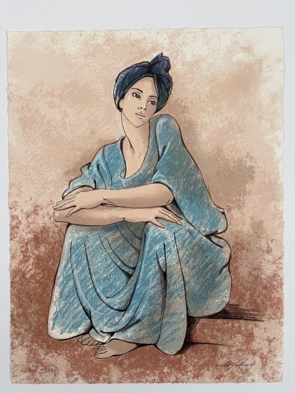 Victor Gutierrez (b.1950) AP Signed Lithograph: Victor Gutierrez, Mexico (b.1950) artist proof signed lithograph "Woman in Blue". Signed lower right and numbered 'P.A 20/23' lower left. Minor wear along the edges of the work, otherwise in good cond