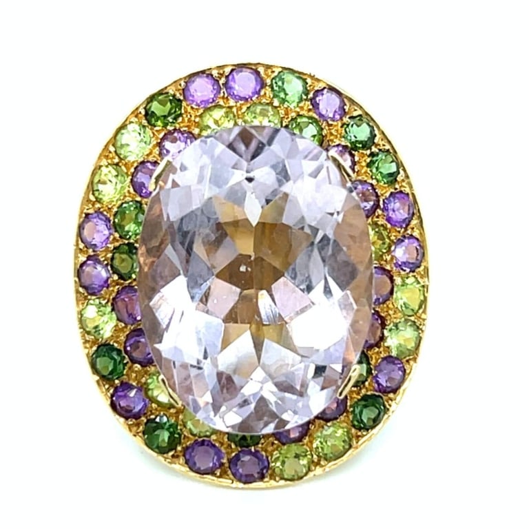 18K Yellow Gold Kunzite & Natural Color Stone Ring: Item # 12343 Category Rings 18K Yellow Gold Kunzite & Natural Color Stone Ring Weighing 19.7 grams Set with an app. 35.00 Ct. Kunzite in center Along with app. 5.00 Ct. of Semi Precious Stones Ring