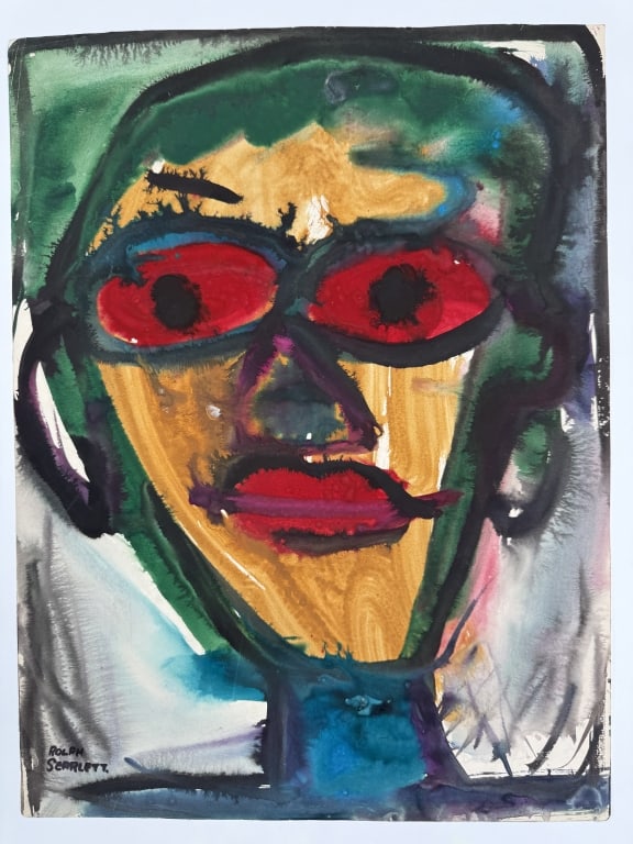 Rolph Scarlett (1889-1984) Mixed Media/Paper: Rolph Scarlett, Canadian (1889-1984) mixed media on paper, likely watercolor/ink/gouache abstract expressionist portrait. Signed lower left. Minor wear along the edges of the work, otherwise in good c