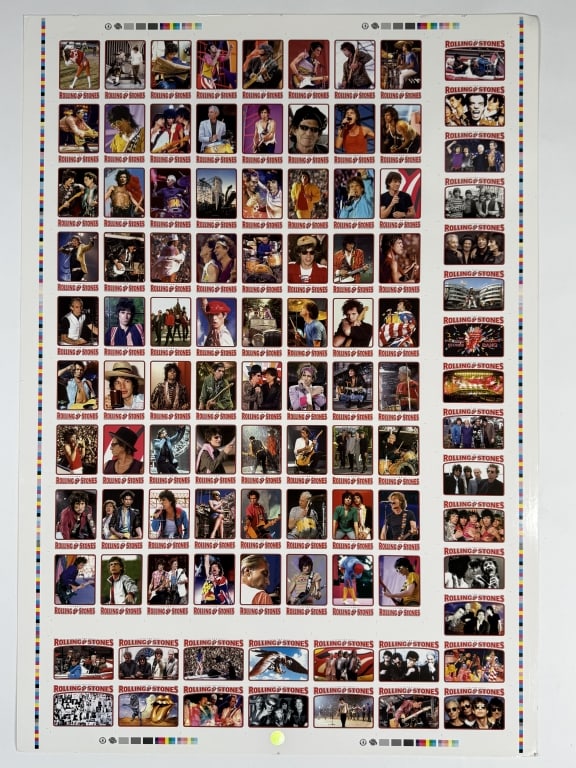 Vintage Rolling Stones Uncut Trading Card Sheet: Vintage Rolling Stones Whosontour uncut trading card sheet. 99 uncut cards, sequential card 1-99. Some wear along the edges of the sheet and minor bending on corners, otherwise in good condition. Meas