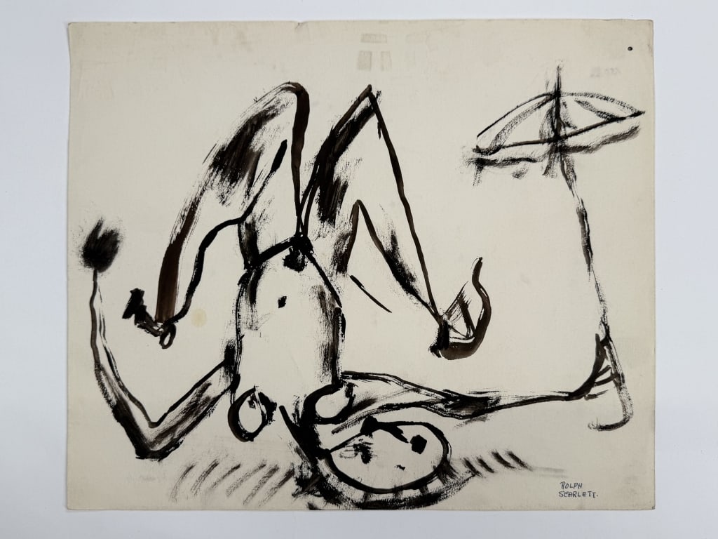 Rolph Scarlett (1889-1984) Ink/Paper: Rolph Scarlett, Canadian (1889-1984) ink on paper abstract expressionist figure. Signed in ink lower right. Some wear along the edges of the work and minor blemishes, otherwise in good condition. Meas