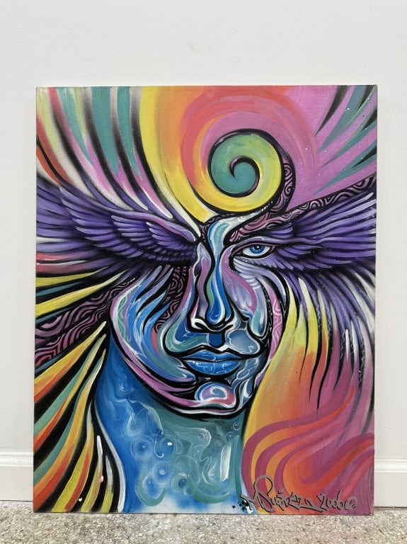 Marcus Ense Suarez (b. 1966) Acrylic/Canvas: Marcus Ense Suarez, American (b. 1966) original acrylic on canvas abstract expressionist painting of a woman with metallic and glitter accents. Signed and dated 2006 lower right. Unframed and on a str