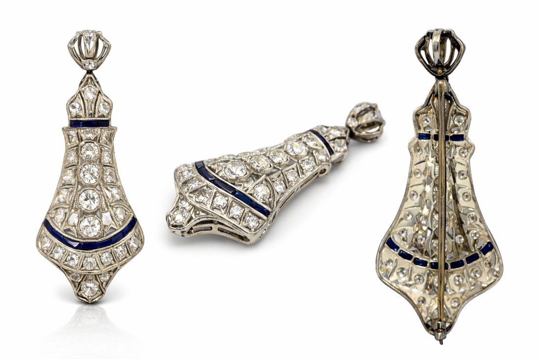 Vintage Art Deco 18K White Gold Sapphire Pendant: Vintage Art Deco style 18 karat white gold and sapphire pendant/brooch. Stamped 18k on backside. Minor signs of age/use, otherwise in very good condition.Total weight: 8g