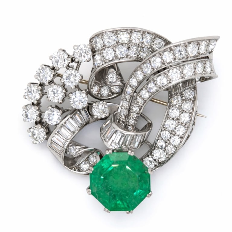 Art Deco Platinum GIA Certified 9.77 Ct. Brooch: Item # 13690 Art Deco Platinum GIA Certified 9.77 Ct. Emerald & Diamond Brooch Weighing 32.2 grams Set with a GIA Certified 9.77 Ct. Emerald Along with 71 Diamonds weighing app. 6.60 Ct. And 11