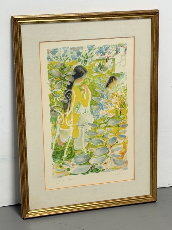 LE PHO SISTERS: LE PHO SISTERS Numbered 7/30 Composition depicting a stylized female figure in a lush garden setting. Rendered in a soft palette of greens, yellows, and muted blues, the work features layered