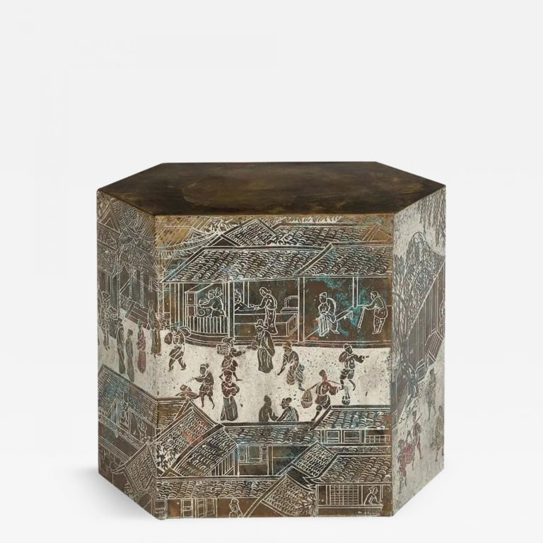 Philip and Kelvin Laverne, Spring Festival Table: Philip and Kelvin Laverne, Spring Festival Table, USA, C 1965 Acid-Etched and enameled brass over wood. 15.75 H x 18 w x 10d in