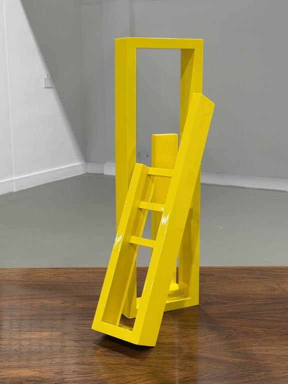 Jane Manus Aluminum Sculpture: Jane Manus Chicago, 2025 Aluminum Measures 30 x 14 1/2 x 14 1/2 in. (76.2 x 36.8 x 36.8 cm) Aluminum sculpture in a vibrant yellow finish, composed of intersecting geometric and architectural forms. T